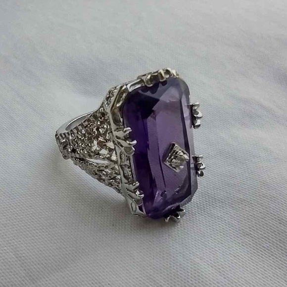 Large  Silver Tone Clear Purple Stone Ring with CZ Accent / Antique Reproduction - Picture 1 of 14